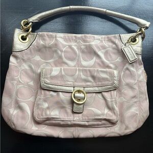 Coach Signature Madison Hobo in Pink / Cream Jacquard with Metallic Leather Trim